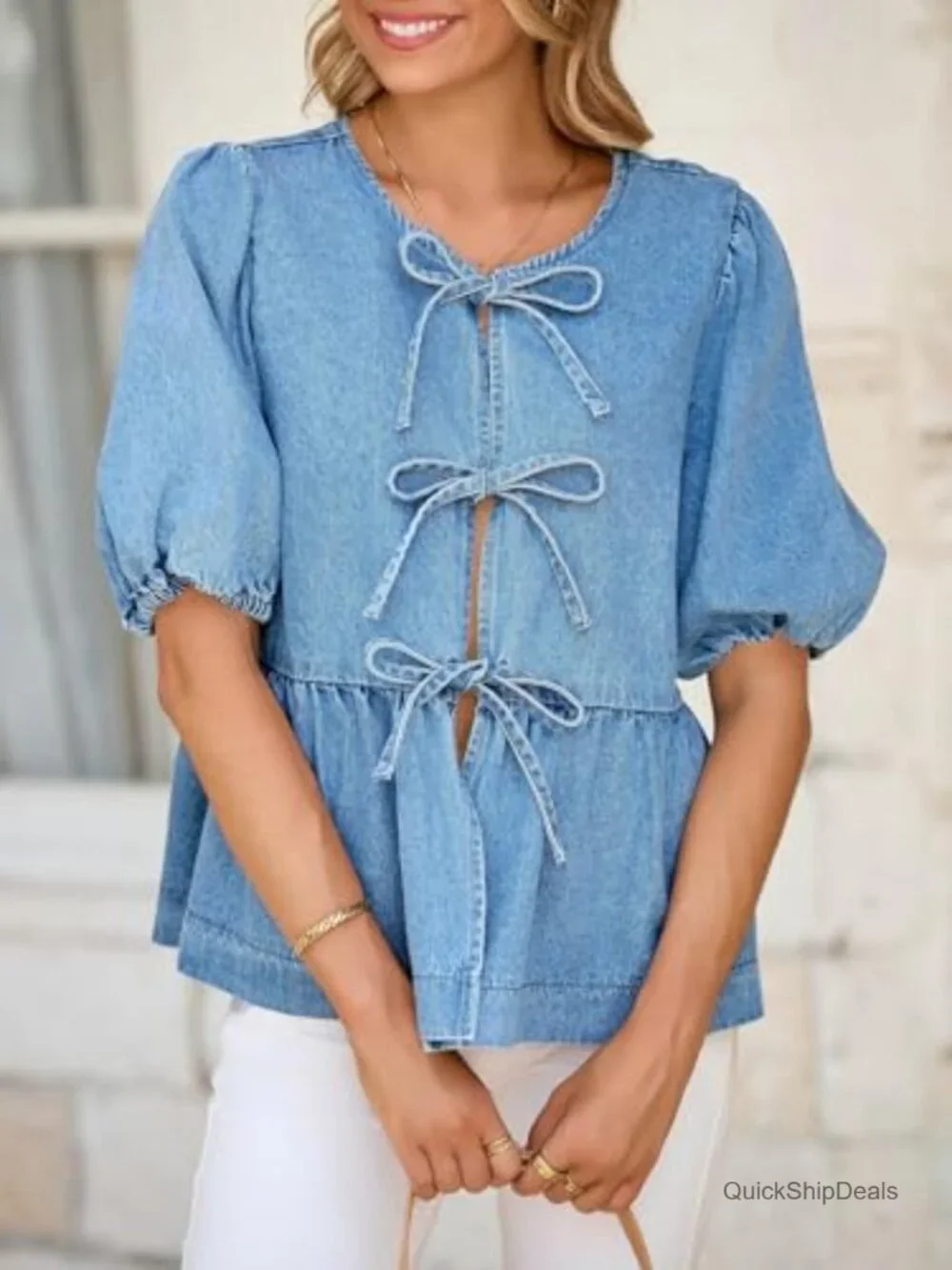 Womens Denim Tie Front Babydoll Peplum Puff Sleeve Jean Shirt Blouse